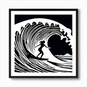 Linocut Black And White Surfer Girl On A Wave art, surfing art, 226 Art Print