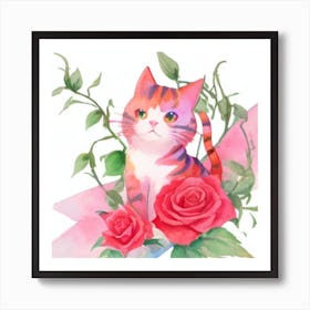 Cat With Roses2 Art Print