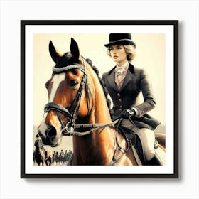 Young British Royal Lady On A Fox Chase Ride Color Detail Drawing Art Print