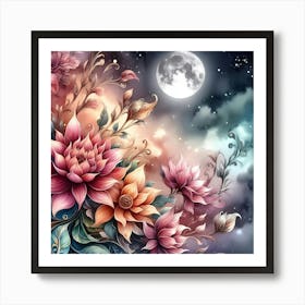 Lotus Flowers In The Night Sky Art Print