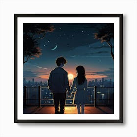 an anime young loving couple, lonely feeling, hope, vector, cartoon style, night Art Print