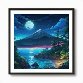 Serene Full Moon Night Over Mount Fuji With a Luminous Seascape Art Print