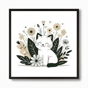 Cute Cat With Flowers 2 Art Print