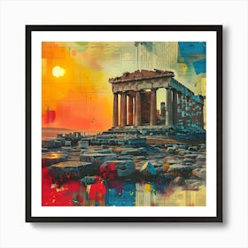 Parthenon at sunset, retro collage Art Print