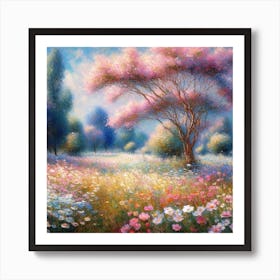 Pink Flowers In The Meadow Art Print