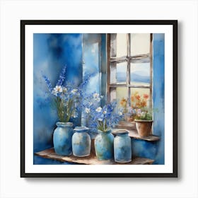 Blue wall. Open window. From inside an old-style room. Silver in the middle. There are several small pottery jars next to the window. There are flowers in the jars Spring oil colors. Wall painting.57 Art Print