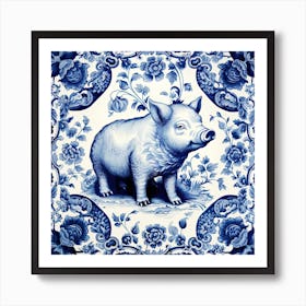 Lucky Pig Delft Tile Illustration 4 Art Print