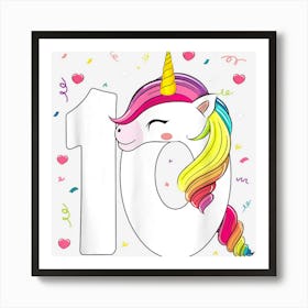 Unicorn Face 10 Tenyears Old 10th Birthday Girl Bday Party Art Print