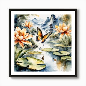 Watercolour Butterflies over Lilly Pond IV Art Print