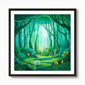 Cartoon Forest With Animals Art Print