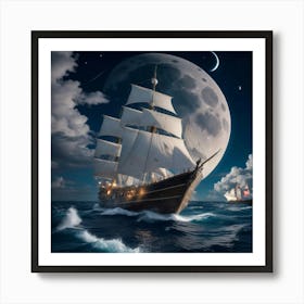 Sailing Ship In The Moonlight Art Print
