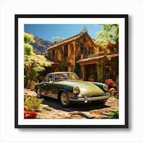 Timeless Harmony: Classic Car and Historic Home Art Print