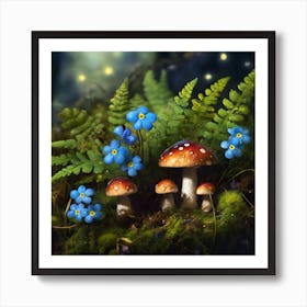 Miniature Ferns, Fireflies and Forget-me-nots with Forest Funghi Art Print
