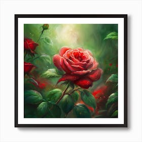 Beautiful Red Rose In The Green Garden Art Print