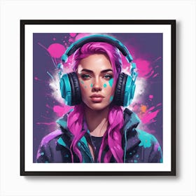 Gamer Girl With Pink Hair And Headphones Art Print