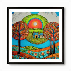 Art Drawing Trees And Birds Scene Folk Art Style I (3) Art Print