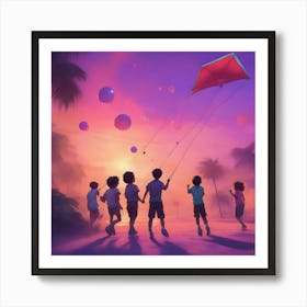 Pink skies, kids watching kites Art Print