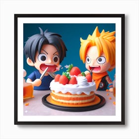 Anime kids eating strawberry cake Art Print