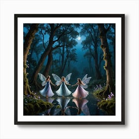 Three Fairies Walk Along a Lake on a Moonlit Night Art Print