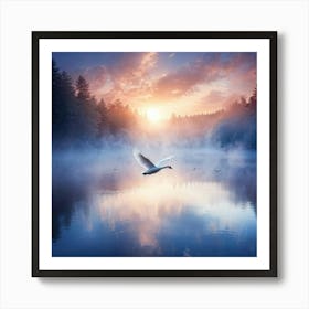 Swan Flying Over Blue Lake Wings Spread Wide Reflection On Water Dense Fog Swirling Around Sunse Art Print