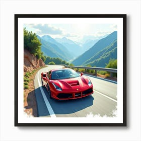 A Vibrant Ferrari Speeding Down A Watercolor Mountain Road 1 1 Art Print