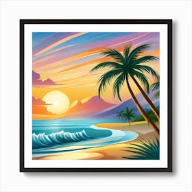 A Serene Beach Sunrise With Coconut And Palm Trees, Gentle Waves. Art Print