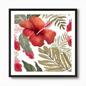 Botanical Wall Art Flowers Red Hibiscus Leaves #3 Art Print