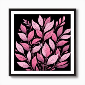 Pink Leaves On Black Background 4 Art Print