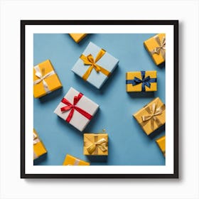 Gift Boxes On Blue Background Art Print