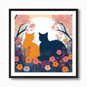 Silhouettes Of Cats In The Garden In The Day, Blue And Orange Art Print