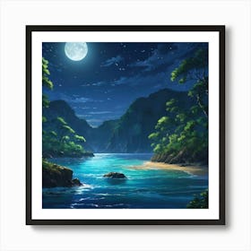 Moonlit Tropical Cove With Lush Greenery and Serene Sea at Night Art Print