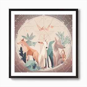 A Drawing In Pastel Colors Of Animals Light And Shadow And A Star, In The Style Of Bauhaus Simplici (3) Art Print