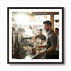 Barista Swiftly Spinning Pouring Water Into A Gleaming Espresso Machine Amidst Morning Rush In Bu 2 1 Art Print