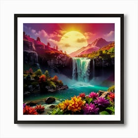 Waterfall And Flowers Art Print