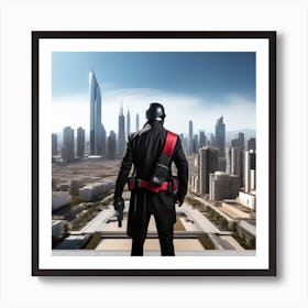 The Image Depicts A Man In A Black Suit And Helmet Standing In Front Of A Large, Modern Cityscape 1 Art Print