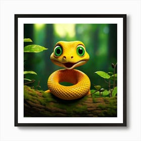 Firefly 3d, Animated, Surprised, Yellow, Baby Snake, Green Eyes, Knot, Tree Branch, Whimsical, Playf (1) Art Print