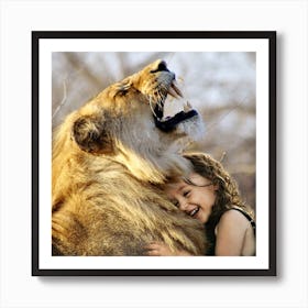Little Girl Hugging A Lion Art Print