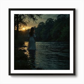 Girl Standing In Water At Sunset Art Print