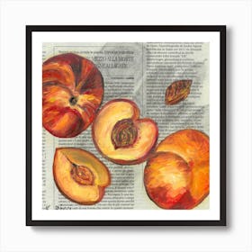 Peaches On Italian Newspaper Oil Painting Fruit Food Kitchen Still Life Art Print