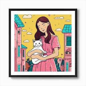 A Cute Cartoon Girl In A Dress Holding A White Kit (1) Art Print