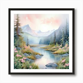 Watercolor A Serene Landscape In Tongass National Forest Art Print