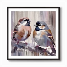 Firefly A Modern Illustration Of 2 Beautiful Sparrows Together In Neutral Colors Of Taupe, Gray, Tan (44) Art Print