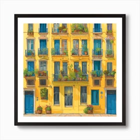 Yellow Building With Blue Shutters Art Print
