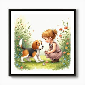 A Beagle And A Young Girl Exploring A Garden Together, Watercolor 1 Art Print