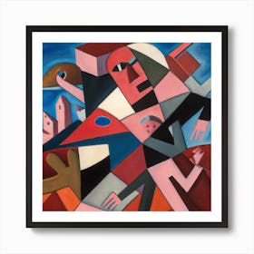 Cubist painting depicting: Person Rising Above of a Sea of Doubt, Fear and Chaos 4 Art Print