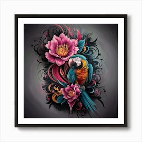 Parrot And Flowers 2 Art Print