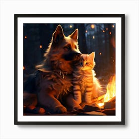 Abstract Kitten Cuddled Up To A german Shepherd By A Campfire Art Print