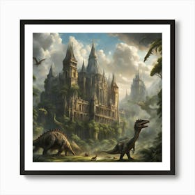 Dinosaurs And Castle Art Print