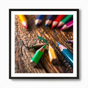 Colored Pencils On A Wooden Table Art Print