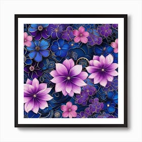 Purple Flowers On A Blue Background 1 Art Print